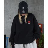 ブラック | ILL S(イルズ)裏起毛 ハートワンポイント刺繍クルーネックスウェット | SHIFFON 