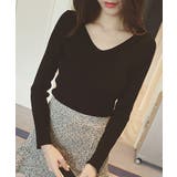 ブラック | 春新作 Ｖネックベーシックリブニットトップス ma | ShopNikoNiko