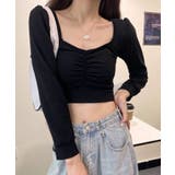 ブラック | 春新作 クロップド丈 シャーリングトップス | ShopNikoNiko