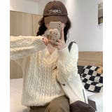 アイボリー | 春新作 Vネック ケーブル編みニット | ShopNikoNiko