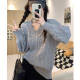 グレー | 春新作 Vネック ケーブル編みニット | ShopNikoNiko