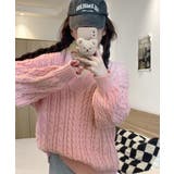 ピンク | 春新作 Vネック ケーブル編みニット | ShopNikoNiko