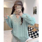 グリーン | 春新作 Vネック ケーブル編みニット | ShopNikoNiko