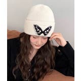 ホワイト | 冬新作 バタフライモチーフ ビーニーニット帽 | ShopNikoNiko