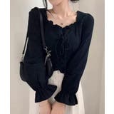 ブラック | 春新作 レースアップリボン フリルネック | ShopNikoNiko