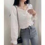 ホワイト | 春新作 レースアップリボン フリルネック | ShopNikoNiko