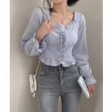 ブルー | 春新作 レースアップリボン フリルネック | ShopNikoNiko