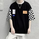 ブラック | 五分袖Tシャツ メンズ チェック柄袖 | shoppinggo