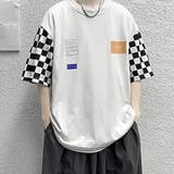 ホワイト | 五分袖Tシャツ メンズ チェック柄袖 | shoppinggo