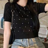 ブラック | ラインストーン付 ニット メッシュ | shoppinggo