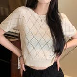 ホワイト | ラインストーン付 ニット メッシュ | shoppinggo