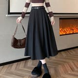 ブラック | フレアスカート ベルト付き Aラインスカート | shoppinggo