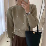 ベージュ | パール付きニット セーター リブ編み | shoppinggo
