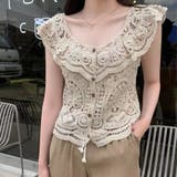 ベージュ | 透かし編みメッシュニット フレンチ袖 カーディガン | shoppinggo