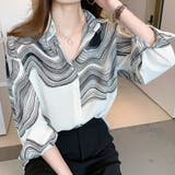 ホワイト | 幾何学柄長袖シャツ 渦巻き 波柄プリントシャツブラウス | shoppinggo