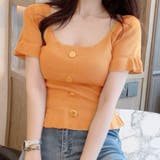 オレンジ | 夏新作 サマーニットトップス スクエアネックTシャツ | shoppinggo