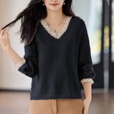 ブラック | ニットトップス レース切り替え レディース | shoppinggo