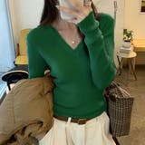 グリーン | ニットソー Vネック ニットトップス | shoppinggo
