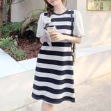 ホワイトブラック | ニットワンピース ボーダー柄 半袖 | shoppinggo