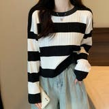 ホワイトブラック | ニットトップス ボーダー柄 ニットソー レディース シンプル セーター | shoppinggo