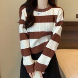 ホワイトブラウン | ニットトップス ボーダー柄 ニットソー レディース シンプル セーター | shoppinggo