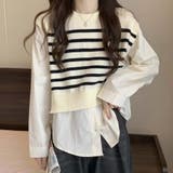 ベージュ | ニットセーター ニット切り替え シャツ | shoppinggo