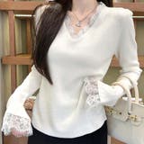 ホワイト | ニットセーター レース切り替え ニットソーレディース | shoppinggo