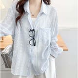 ライトブルー | シャツカーディガン 3Dフラワープリント 透け感 | shoppinggo