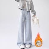 ブルー | 裏起毛パンツ 千鳥格子 ワイドパンツ | shoppinggo