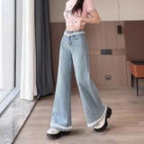 レース付きデニムパンツ レディース ハイウエストパンツ | shoppinggo | 詳細画像7 