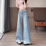 レース付きデニムパンツ レディース ハイウエストパンツ | shoppinggo | 詳細画像9 
