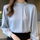 ブルー | パール付きキーネック トップス シャツブラウス | shoppinggo