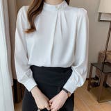 ホワイト | パール付きキーネック トップス シャツブラウス | shoppinggo