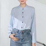ブルー | シャツブラウス ノーカラー トップス | shoppinggo
