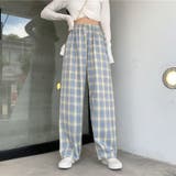 ブルー | チェック柄パンツ ワイドパンツ レディース | shoppinggo