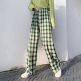グリーン | チェック柄パンツ ワイドパンツ レディース | shoppinggo