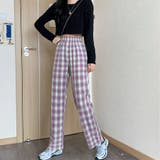 パープル | チェック柄パンツ ワイドパンツ レディース | shoppinggo