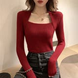ワインレッド | Uネックニットセーター レイヤード風ニット オフィスカジュアル韓国ファッション | shoppinggo