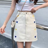 ベージュ | デニムスカート ハート柄 刺繍 | shoppinggo