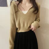 ベージュ | ニットトップス Vネック スキッパー | shoppinggo