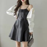 ブラック | フレアキャミワンピース ジャンパ―スカート フェイクレザーワンピース | shoppinggo