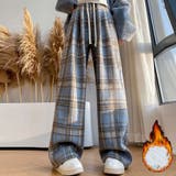 ブルー | チェック柄パンツ ワイドパンツ 裏起毛パンツ | shoppinggo