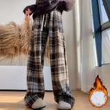 ブラウン | チェック柄パンツ ワイドパンツ 裏起毛パンツ | shoppinggo