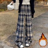 ネイビー | チェック柄パンツ ワイドパンツ 裏起毛パンツ | shoppinggo