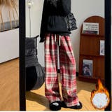 ワインレッド | チェック柄パンツ ワイドパンツ 裏起毛パンツ | shoppinggo