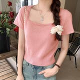 ピンク | サマーニットショート丈 トップス スクエアネック | shoppinggo