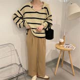 ベージュ | ニットトップス ボーダー スキッパー | shoppinggo