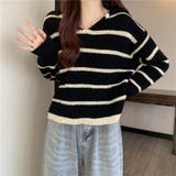 ブラック | ニットトップス ボーダー スキッパー | shoppinggo