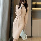 ベージュ | ニットロングワンピース 長袖 ウエストリボン | shoppinggo