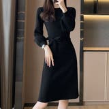 ブラック | ニットロングワンピース 長袖 ウエストリボン | shoppinggo